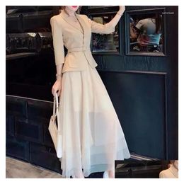 Work Dresses 2024 Spring Womens Blazer Coat 2 Pieces Set Office Ladies Fashion Single Button Jacket Suit With Mesh Dress Drop Delivery Otjig