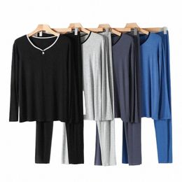 spring Summer Modal Men's Sleepwear Sets Lg Sleeve V Neck Pyjamas For MaleSoft Loose Homewear Solid Lounge Wear 2 Pieces/Set p10C#