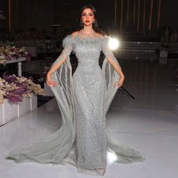 Federn Sharon Sage Mermaid Dubai Said Green Abendkleider mit Cape-Ärmeln Rosa Gelb Hochzeit Party Kleider Ss215