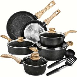 12pcs Pots and Pans Set, Nonstick Kitchen Sets with Black Granite Coating, Non Toxic Cookware Set Induction Compatible