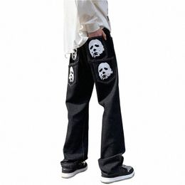 hip Hop Printed Jeans Men Baggy Black Denim Trousers Straight Pants Spring Fi Korean Streetwear Male Bottoms Y2K Clothes V02P#