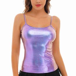 Women's Tanks Camis Womens shiny metal yoga dance hip-hop clothing patent leather spaghetti shoulder strap sleeveless vest top club clothing vest 24326