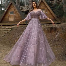 Wspomniane sukienki wieczorowe w Dubaju Pink Sharon for Women Wedding Party Flare Rleeves Burowanie arabski plus size formalne suknie SS057 MAL