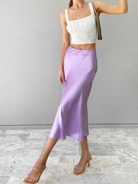 Solid Purple Satin Silk Skirt Women High Waisted Summer Long Elegant Ladies Office Skirts Midi Spring 240326