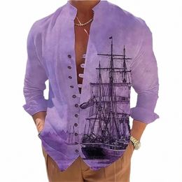 spring Autumn Sailboat printin Hot Sale Men's Lg-Sleeved Shirts Solid Colour Stand-Up Collar Casual Style Plus Size Shirts New U4W8#