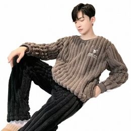 pyjamas Male Men Fi Pijamas Korean 2 Pieces Set Fleece For Winter Warm Flannel Sleepwear Homme Coral Nightwear Pjs m5bV#