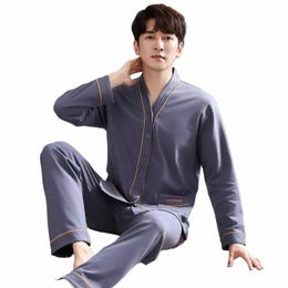 spring Autumn Men's Pyjamas Set Loose Cott Sleepwear Soft and Comfortable Home Wear Lg Sleeve Top Pyjama Pants Two Piece Set Y7gy#