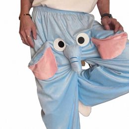 autumn Winter Men Thick Warm Flannel Pyjama Pants Funny Carto Elephant Pants Casual Fleece Couple Sleep Bottoms Homewear Male V7vp#