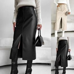 Skirts Women Velvet Pu Leather Skirt High Waist Slit Autumn Spring Fashion Dress For Solid Colour Casual Streetwear Mujer