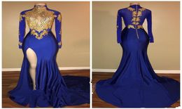 2020 New Sexy High Thigh Split Black Girls Evening Gowns Arabic Gold Appliques High Collar Prom Dresses Mermaid Vintage Long Sleev4799374