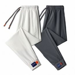men Pants Solid Color Simple Casual Thin Lg Super Soft Drawstring Ankle-banded Elastic Waist Summer Trousers Daily Clothes K2nY#