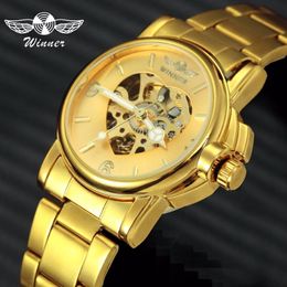 WINNER Official Luxury Women Watches Automatic Mechanical Golden Heart Skeleton Dial Stainless Steel Band Elegant Ladies Watch 2013061