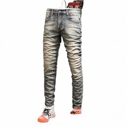 italian Style Fi Men Jeans Retro Stretch Slim Fit Ripped Jeans Men Vintage Designer Winter Veet Warm Denim Pants Hombre X4Ji#