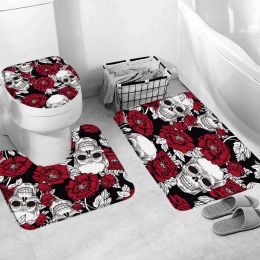 Mats Flower Skull Autumn Pumpkin Bathroom Rug Set Horror Artist Home Footrest Bathroom Mat Toilet Cover Bathroom Decor Accessories