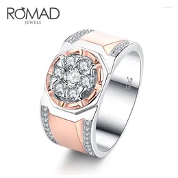 With Side Stones ROMAD 2pcs/set Luxury Big Crystal Ring Men Rose Gold CZ Stone Wedding Rings Party Engagement Male Jewelry Bague R4