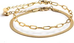 18K Gold Plated Bracelets for Women Girls | Paperclip and Snake Chain I Dainty Link Bracelets for Stacking and Layering | Set of 2