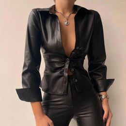 Women's Blouses Fashion Leather Solid Blouse Shirt Casual Buttons Lapel Tops Summer Ladies Female Women Long Sleeve Blusas