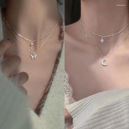 Choker Korean Style Star Moon Butterfly Pendant Necklace Double Layer Clavicle Chain For Women Girl Jewellery Accessories