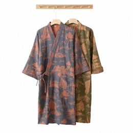 for Bathrobe Male Nightwear Printed Soft Half Sleepwear Gown Men Floral Home Cott Sleeve Loose Pure Clothes Dring Wear P22U#