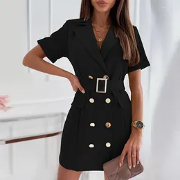 Party Dresses Elegant Women Sexy Slim Fashion Dress Office Lady Solid Short Sleeve Mini Double-Breasted Lapel Fit Belt Suit Autumn