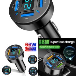 Update 66W LED Car Charger PD Fast Charging Type-C 4 USB Ports Voltmeter Cigarette Lighter For Mobile Phone