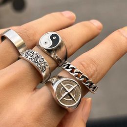Band Rings KunJoe 5-piece/set punk geometric carved Tai Chi ring for mens simple silver adjustable open ring set hip-hop J240326