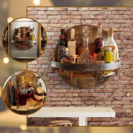 Racks Hand Crafted Liquor Bottle Display Wall Mounted Vintage Wooden Whiskey Barrel Shelf Wine Storage Holders For Kitchen Shelves T3
