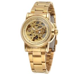 Luxury Gold Women Automatic Mechanical Watches Women Fashion Stainless Steel Clock Ladies Crystal Hollow Skeleton Watch Saati 2011290G