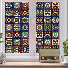 Window Stickers Colourful Stained Glass Film Retro Flowers Pattern Non-adhesive Decals Static Clings