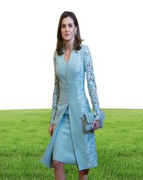 Elegant knee length Mother Of Bride Dresses Suits Short Two Pieces teal Blue Long Sleeves Groom Mother Dress For Wedding Lace Uk A4230290