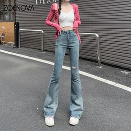 ZOENOVA High Waist Slimming Straight Flared Pants Plus Size Streets Versatile Retro Ripped Slightly Boot Cut Jeans Spring 240315