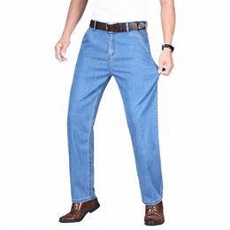 lyocell Ice Silk Summer Thin Jeans Men's Classic High Waist Drape Loose Straight Denim Pants Busin Casual Smoke Gray Trousers S8Sw#