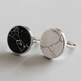 With Side Stones BIG J.W Trendy 925 Sterling Silver Rings For Women Retro Bohemian Simple Round Black And White Synthetic Stone Finger