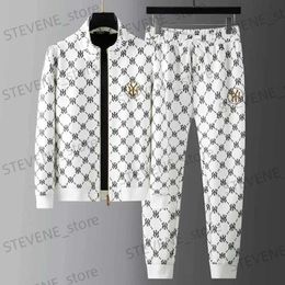 Men's Tracksuits Mens Spring and Autumn High end Open Front Zipper Jacket Two piece Casual Fashion Trend Printed Long sleeved Trousers Tracksuit T240326