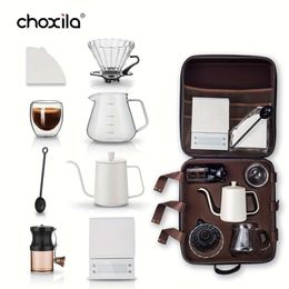 8pcs/set, Pour Over Maker Set Box, Portable Gift Set, Travel Accessories Tools, Kettle, Pot with Dripper, Glass Cup, Manual Grinder, Scale, Spoon, 100pcs Coffee