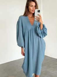 Linad Lantern Sleeve Night Dress Women Loose V Neck Sleepwear Autumn Cotton Woman Dresses Casual Pyjamas Solid Elegant 240314