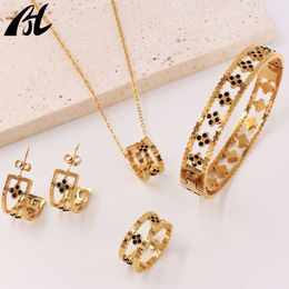 Fashion Jewellery Stainless Steel Ring Enamel Charm Clover Bangle Lucky Necklace Earring 4pcs Set