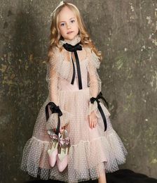 Polkadot Tulle Flower Girl Dresses Illusion Long Sleeves Girl Wedding Party Dress Ribbons Communion Dress Birthday New Year6002962