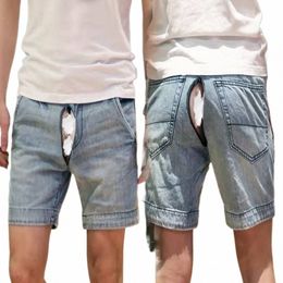 summer Invisible Open Crotch Shorts Outdoor Sex Vintage Jeans Male Denim Casual Shorts Youth Knee Length Men Clothing Plus Size 39S4#