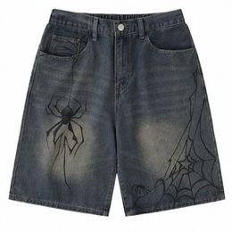 Hip hop jeans shorts y2k vintage aranha cobweb impressão gráfica azul denim shorts 2023 homens harajuku verão fi solto streetwear 67c4 #