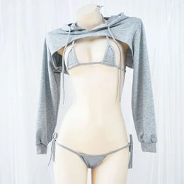 Amine Backless Hooded Long Sleeve Bikini Set Sexy Japanese Three Point Swimsuit Girls Mini Underwear Student Costume Cosplay 240319