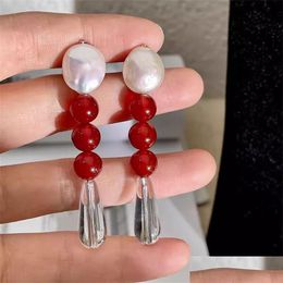 Stud French Vintage Red Agate Beaded Drop Earrings For Women Light Luxury Design Natural Baroque Pearl High Grade Charm Jewelry Delive Otqdk