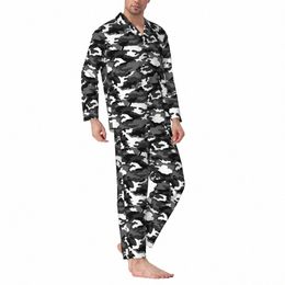 pajamas Male Gray And Black Camo Room Sleepwear Camoue Print 2 Pieces Casual Pajamas Set Lg Sleeve Oversized Home Suit W62F#