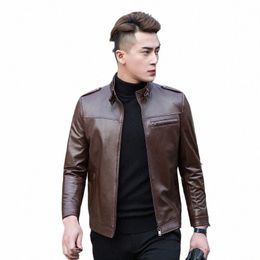 mens Luxury Slim Fit Genuine Leather Jacket Stand Collar Autumn Windproof Short Motor Coat Man 100% Sheepskin Aviati Jacket Q4eb#
