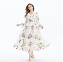 Designer Women Flower Print V-Neck Dress Flare Sleeve Elegant Swing Dresses Maxi Dresses With Belt Fashion Ladies A-line Casual Beach Party Clothes Frocks