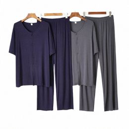 pajamas Men's Summer Autumn Nightgown Solid Color Modal Sleepwear Trousers Cardigan Simple Pijama Comfortable Home Service Suit A0Ge#