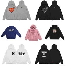 Mens Hoodie Human Made Men Women Best Quality Heavy Fabric Bat Pattern Pullover Oversized Sweatshirts Love Heart on Gray Streetwear Duck Printing9GZQ