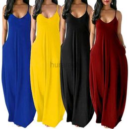 Women's Swimwear Womens pocket long dress sexy V-neck sleeveless loose casual dress summer spaghetti shoulder strap solid Colour beach long dress S-5XL 240326