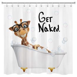 Curtains Funny Giraffe Get Naked Shower Curtain Giraffe with Glasses In Soap Bubble Bathtub Wild Animals Bathroom Decor Waterproof Fabric