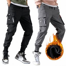 2024 Winter Plush Warm Military Cargo Pants Sweatpants Men Elasticity Drawstring Multi Pockets Bottoms Casual Jogger Trousers j1RU#